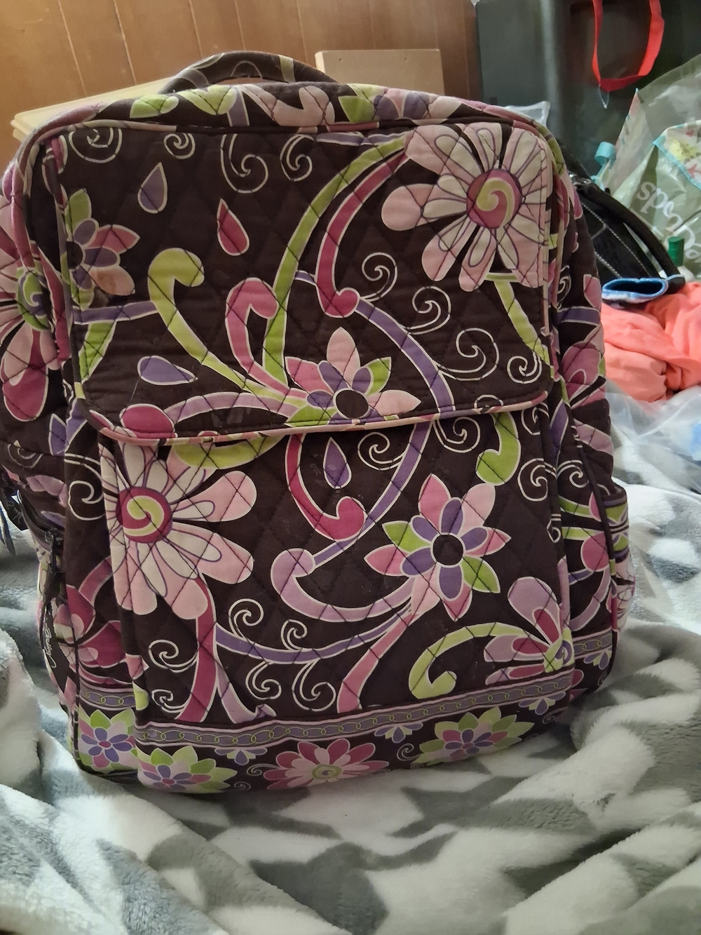 Vera Bradley Quilted Floral Backpack in Brown, Pink & Green